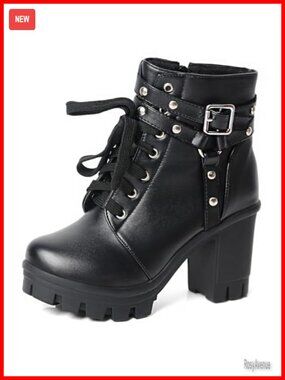 Goth Platform Heel Boots Punk Studded Lace Up Women Combat Booties